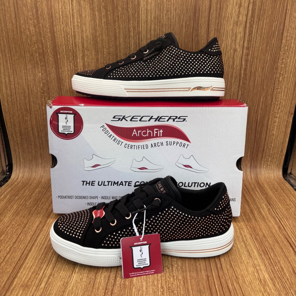 Skechers Arch Fit Sneakers Womens 6.5 Black Rose Gold New Rhinestone 177221 NEW - Picture 2 of 7